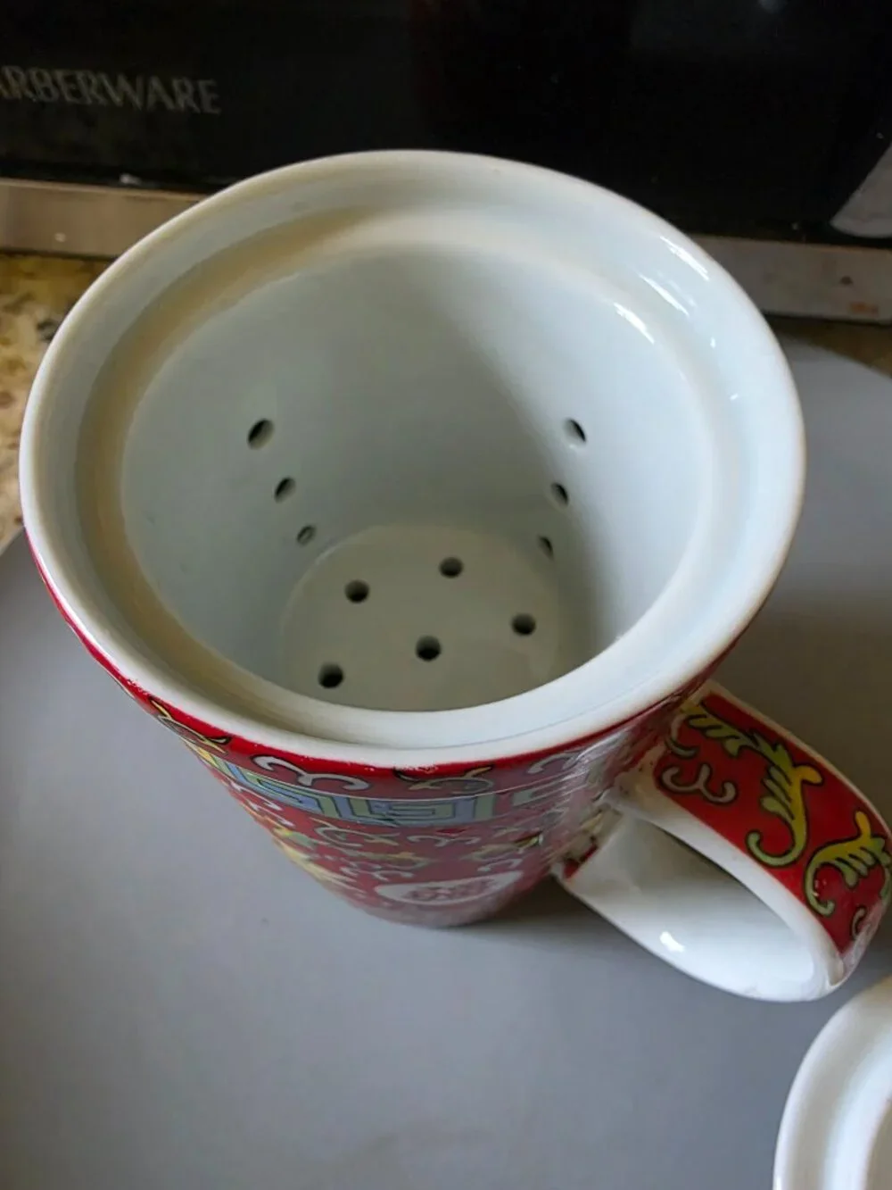 Chinese Porcelain Tea Infuser Mug w/ Lid Red Floral Asian Tea Brewing Cup